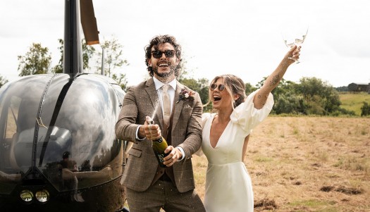 champagne spray helicopter wedding at Brinkburn Northumberland