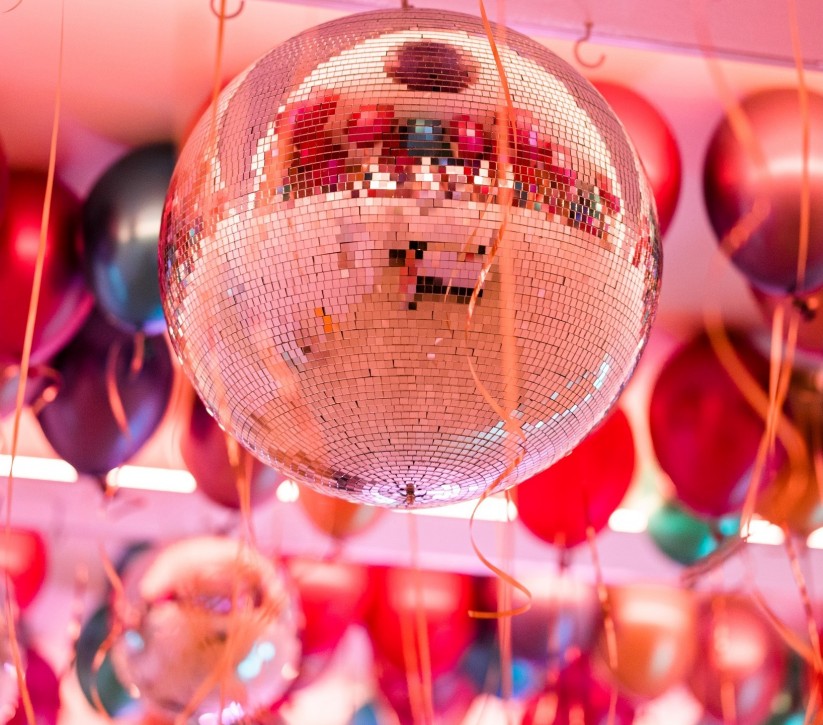 The Green Room disco decorated with balloons at Brinkburn
