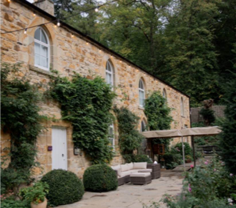 A cottage front with climbing plants and fairy lights along the roof