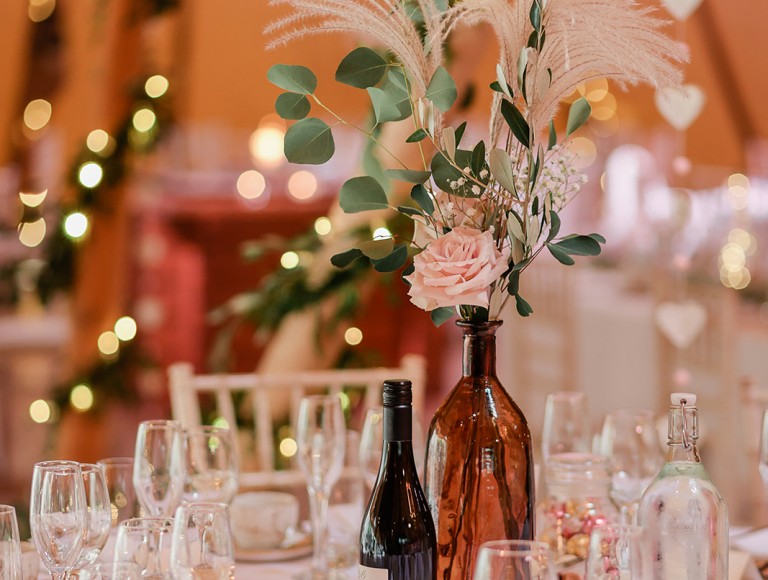 Wedding table centre pieces settings at Brinkburn Northumberland