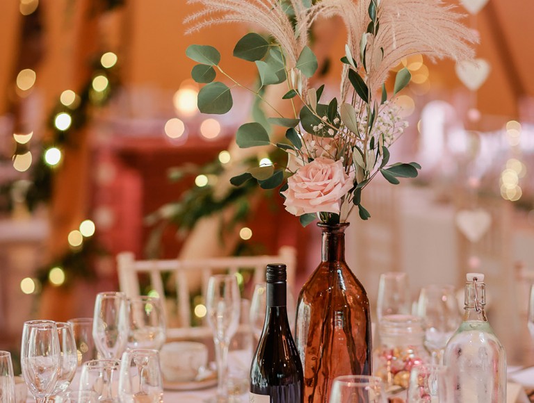 Wedding table centre pieces settings at Brinkburn Northumberland  