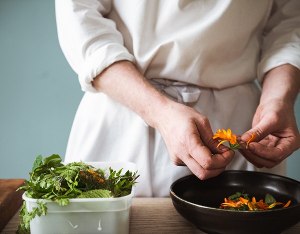 Food presented on a blue plates at Brinkburn Northumberland