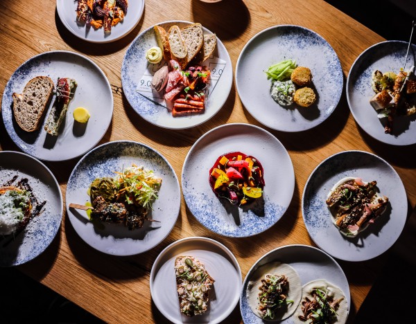 Food presented on a blue plates at Brinkburn Northumberland