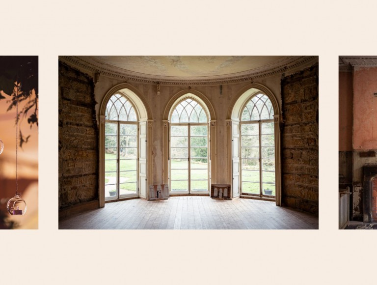 photographs of the Manor House at Brinkburn Priory, large windows overlooking the green, a rustic fireplace, lightbulbs and green foliage hanging from the roof of the tipi at Brinkburn Northumberland