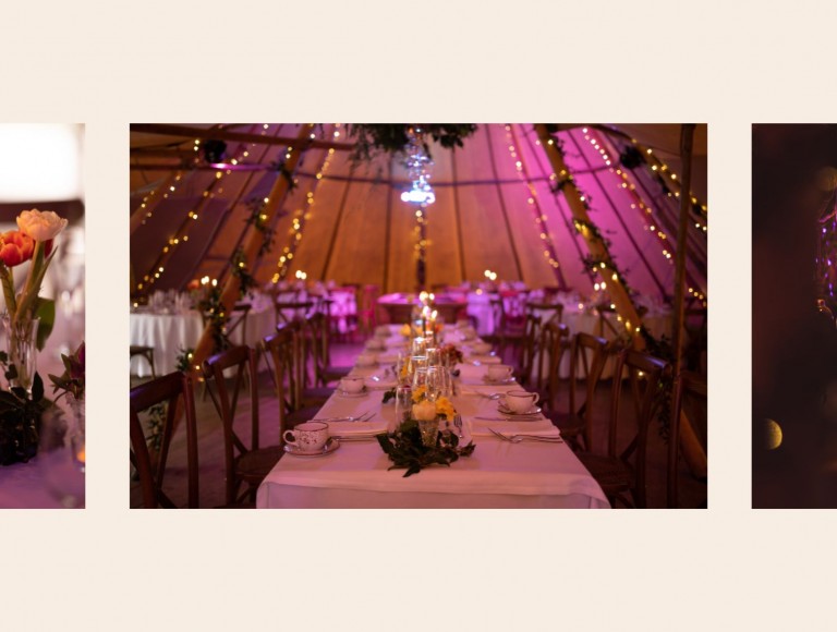 photographs of inside the tipi at Brinkburn Northumberland with colourful candles lit and fairy lights along the tipi beams, lightbulbs hanging from the tipi