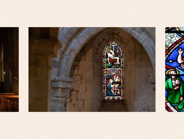 photos of the colourful stained glass windows at Brinkburn Priory and the seats and lighting set up for a wedding in the priory