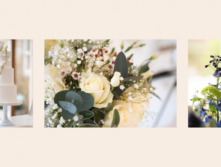 photos of white, blue, red and green floral arrangements in the stables at Brinkburn Northumberland and a white iced wedding cake with white flowers on a white cake stand on the kitchen island in the stables at Brinkburn