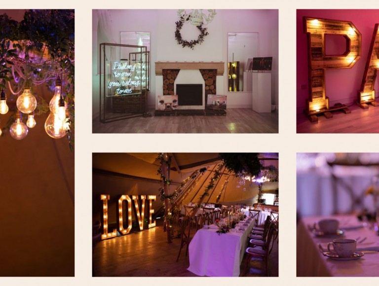 photos of inside the white room and the tipi at Brinkburn Northumberland. Large lettering lit up with light bulbs saying party and love. Colourful candles and flowers on the tables in the tipi. light bulbs and green foliage hanging from the tipi ceiling