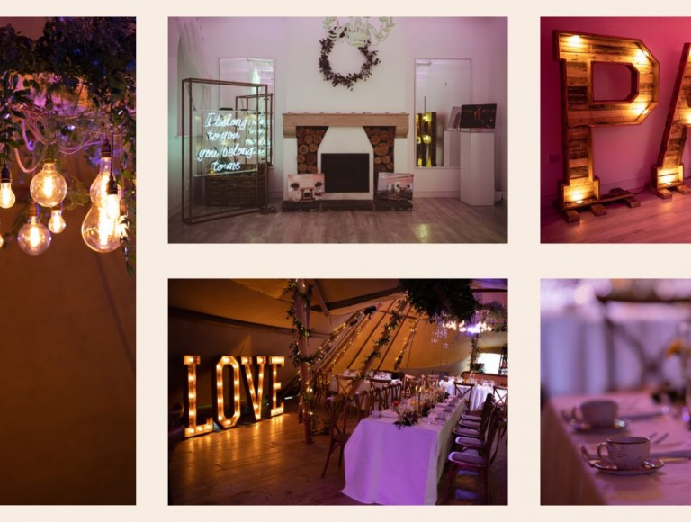 photos of inside the green room and the tipi at Brinkburn Northumberland. Large lettering lit up with light bulbs saying party and love. Colourful candles and flowers on the tables in the tipi. light bulbs and green foliage hanging from the tipi ceiling