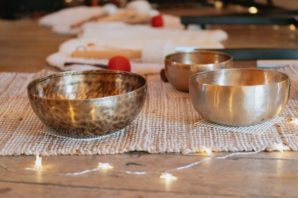 Sound bath bowls in the tipi at Brinkburn Northumberland