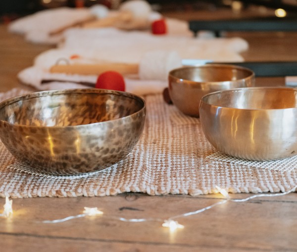 Sound bath bowls in the tipi at Brinkburn Northumberland