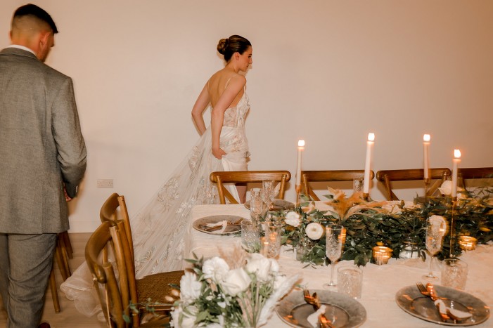 bride and groom at intimate wedding in the garden room at Brinkburn Northumberland