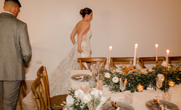 bride and groom at intimate wedding in the garden room at Brinkburn Northumberland