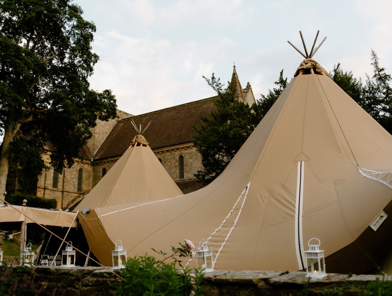 The tipi set for a wedding in front of the priory at Brinkburn Northumberland