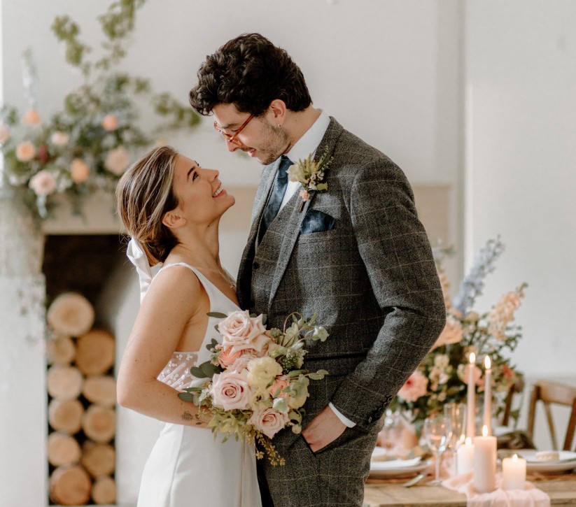 Bride and groom models in a white room photoshoot at Brinkburn