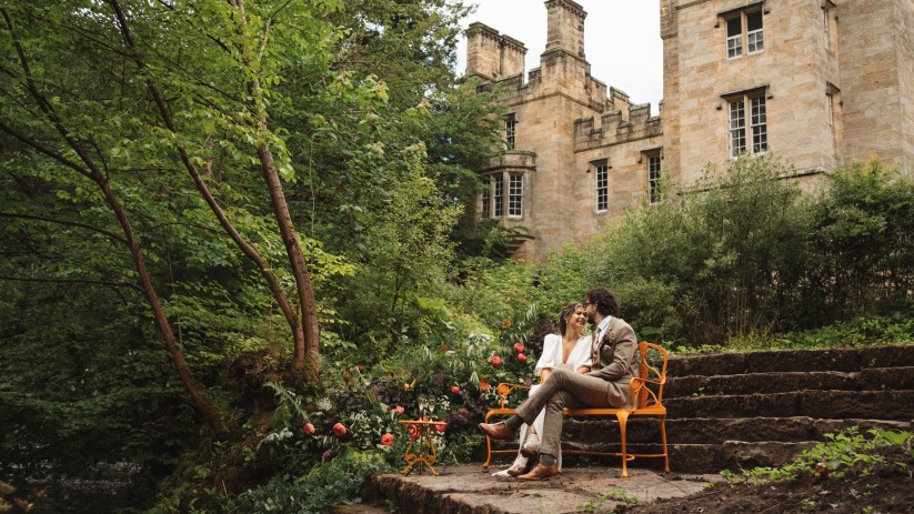 Bride and groom models in a photoshoot at Brinkburn