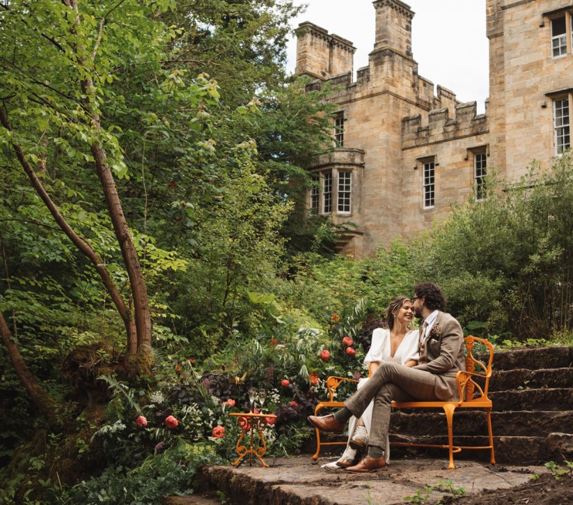 Bride and groom models in a photoshoot at Brinkburn