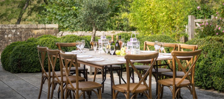 garden table outside the stables at Brinkburn Northumberland