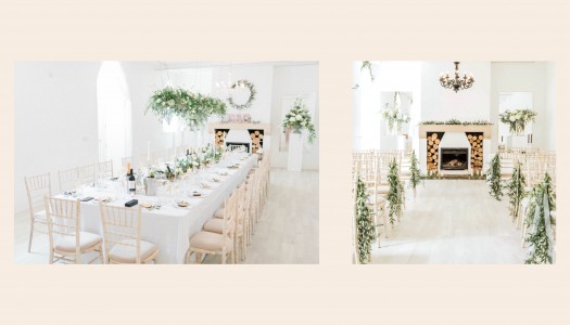 Winter wedding setup at Brinkburn Northumberland with long dining table in the white room, fireplace with logs and foliage