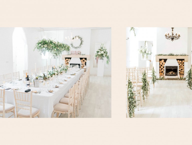 Winter wedding setup at Brinkburn Northumberland with long dining table in the white room, fireplace with logs and foliage