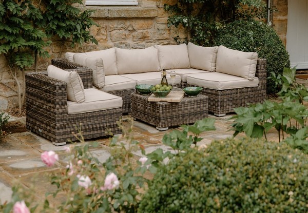 A terrace with hand wrath furniture comforting for a family 