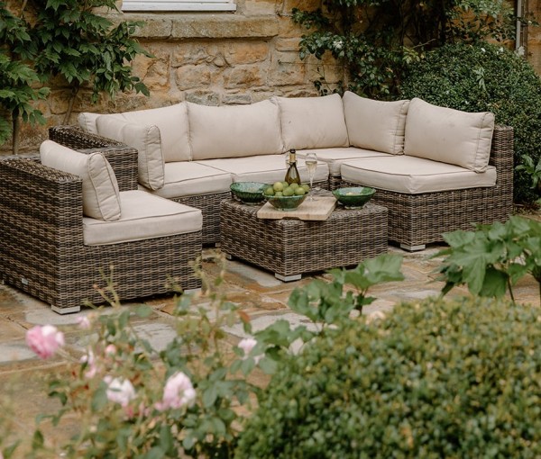 A terrace with hand wrath furniture comforting for a family 