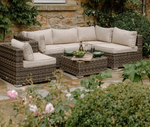 A terrace with hand wrath furniture comforting for a family